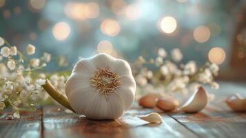 A close-up image of garlic cloves, onions, photo