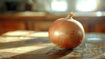 A single onion sits on a table, surrounded by a wooden surface. photo