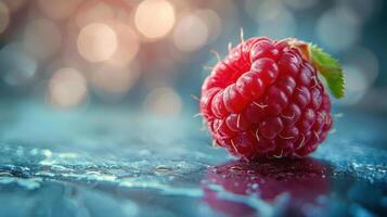 A vibrant red raspberry in the rain, photo