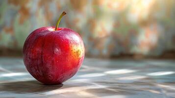A red apple with a few bruises, sitting on a counter. photo