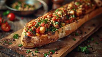 A tantalizingly arranged entree with a mouth-watering topping, displayed on a rustic wooden surface. photo