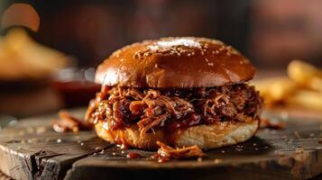 A tantalizing close-up of a barbecue pulled pork sandwich on a bun with honey mustard, photo