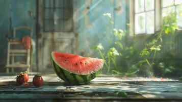Fresh fruit on a vintage kitchen counter, depicting the atmosphere of neglect. photo