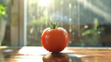 Fresh ripe tomato sits on windowsill, basking in the sunlight during daytime. photo