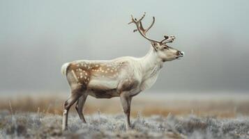 A majestic reindeer strolls through a snow-covered field with fog and falling snow creating a serene photo