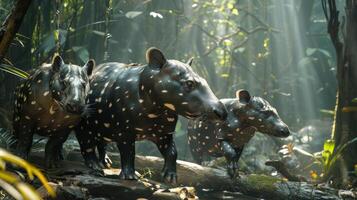 A lion standing with a hippo in a dense forest setting. photo