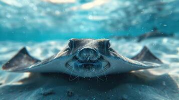 A stingray leaping out of the ocean, glowing underwater light. It appears to have a big smile, photo