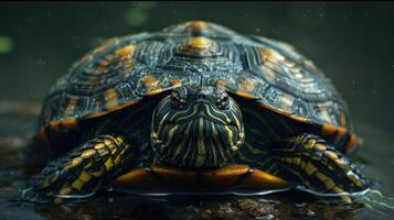 The head of a tortoise on the water's surface with green background. photo