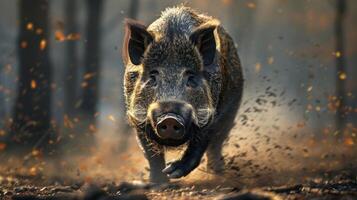 Running wild boar in a forest with leaves and branches flying around it. photo