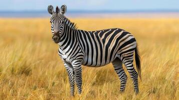 A zebra standing on grassy plains with a clear sky and horizon in the background. photo