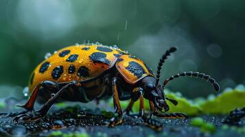 A close-up photograph of a ladybug perched on leafy ground, photo