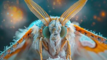 A close-up of a colorful butterfly with large antennae and vibrant colors. photo