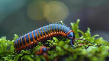 A vibrant red and blue bug perched on a cluster of green moss, set against a blurred background. photo