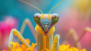A close-up photograph of a colorful butterfly on a flower, with a blurred background. photo