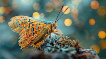 The close-up photo of a vibrant butterfly perched on some foliage with a background blurred by bokeh