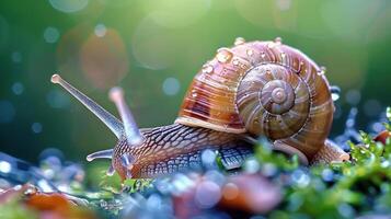 A snail with a shiny shell on mossy rocks, surrounded by water droplets. photo