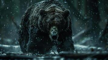 A large brown bear walking through a snowy forest. It is raining, creating a misty atmosphere. photo