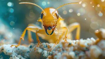 a photo of an ant or bee with a close-up shot, highlighting its intricate details and appearance.
