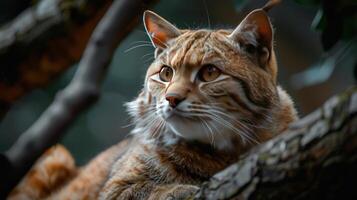 A close-up of a lynx cat sitting among tree branches, photo