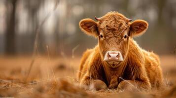 features a single brown cow standing in an open field. The cow is looking directly at the camera, photo