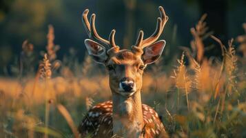 A deer looking directly at the camera, standing amidst high grass. photo
