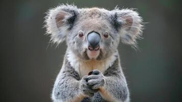 Image of a koala with its hands together as if it's praying. photo