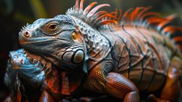 A close-up image of a blue and brown iguana with red markings, looking at the camera. photo