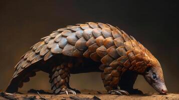 A pangolin, with its body covered in multiple layers of scales, is seen crawling across the ground. photo