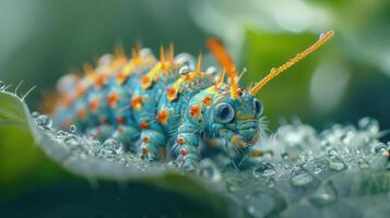 A butterfly rests delicately on the edge of a green leaf. photo