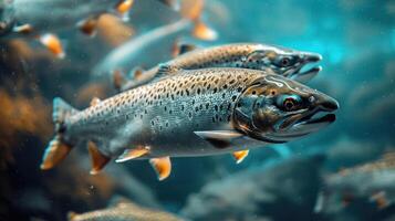 A group of salmon swimming together in the ocean, likely returning to spawn. photo