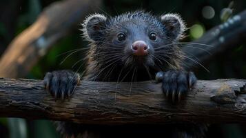 A close-up photo of an animal's face at the zoo, with text overlay describing it as a raccoon