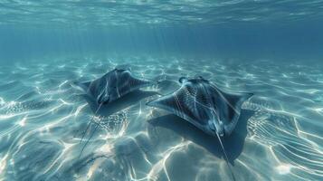 Two stingrays resting on sandy beach at low tide. photo