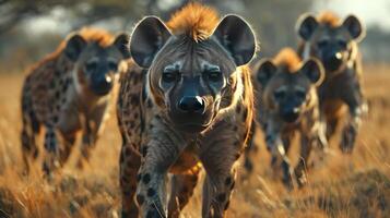 A group of wild dogs in motion with open mouths, emphasizing their speed and alertness. photo