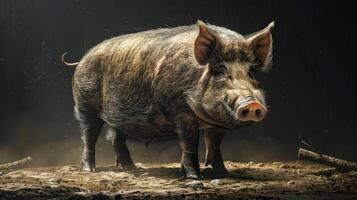A wet pig in the forest during a storm, standing on muddy ground, surrounded by a rainy environment. photo