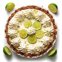 Fancy dessert topped with whipped cream and lime slices. photo