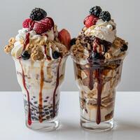 Two ice cream sundaes served in clear glasses with caramel drizzles, fruit toppings and nuts. photo