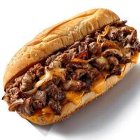 A steak sandwich with cheese and onions, served in a hoagie bun. It looks delicious. photo