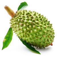 A close-up photo of a fresh durian fruit with visible creamy texture and small thorns, against a white background.