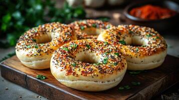 These gourmet bagels are topped with sesame seeds, ready to enjoy. photo