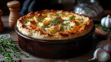 A simple quiche recipe with a potato base, spiced with turmeric and garnished with herbs. photo