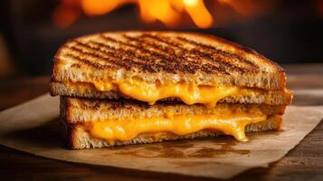 Savory grilled cheese sandwich on a wooden table, ready to be enjoyed. It's garnished with melting cheese and an orange sauce, likely ketchup. photo