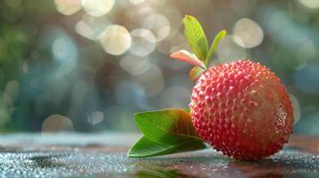 Vibrant red strawberry with leaves, sitting on a glass plate. photo