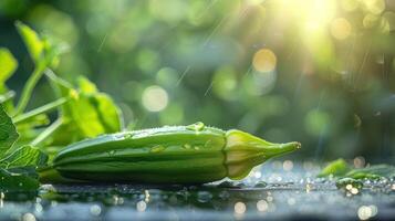 A vibrant image of a field with lush green vegetation and droplets falling from the sky, capturing a serene moment during a light rainfall. photo