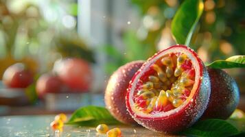 A close-up image of a grapefruit with seeds and pulp. photo
