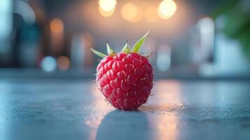 Freshly picked ripe raspberries in an urban kitchen setting. photo