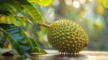 A close-up view of a durian fruit with spiky edges, sitting amidst lush greenery and sunlight. photo