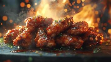 Tasty looking grilled chicken wings with sauce on a table. photo