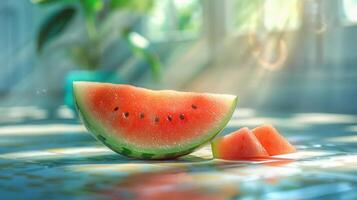 Sliced fresh watermelons for a healthy snack or dessert. Water droplets on surface indicate they have been recently rinsed. photo