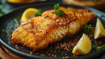 Grilled fish served with fresh lemon, herbs and seasonings. photo