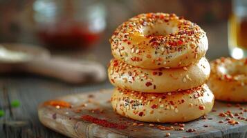 A stack of donuts with spices sprinkled on top, ready to be enjoyed. photo